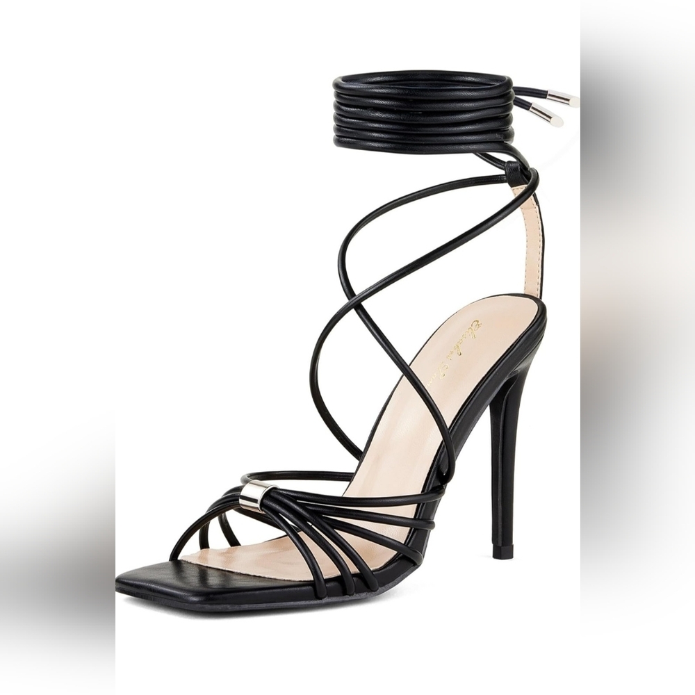 Women Strappy Heeled Sandals Lace Up 4 Inch Stilettos Square Open Toe High Heels